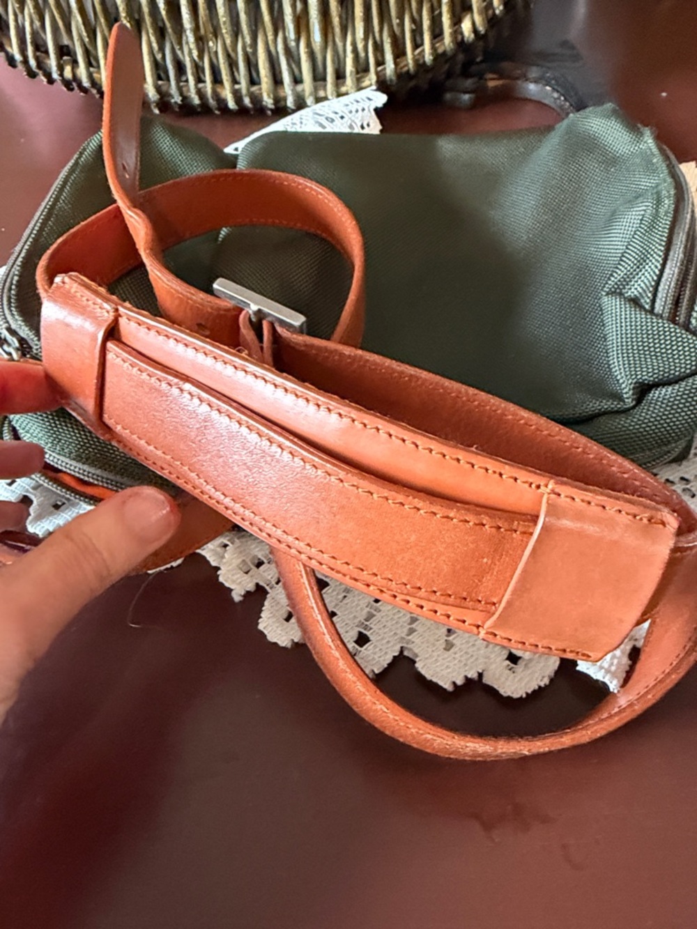 Olive Green Canvas Crossbody Bag with Orange Lining - Picture 7 of 9